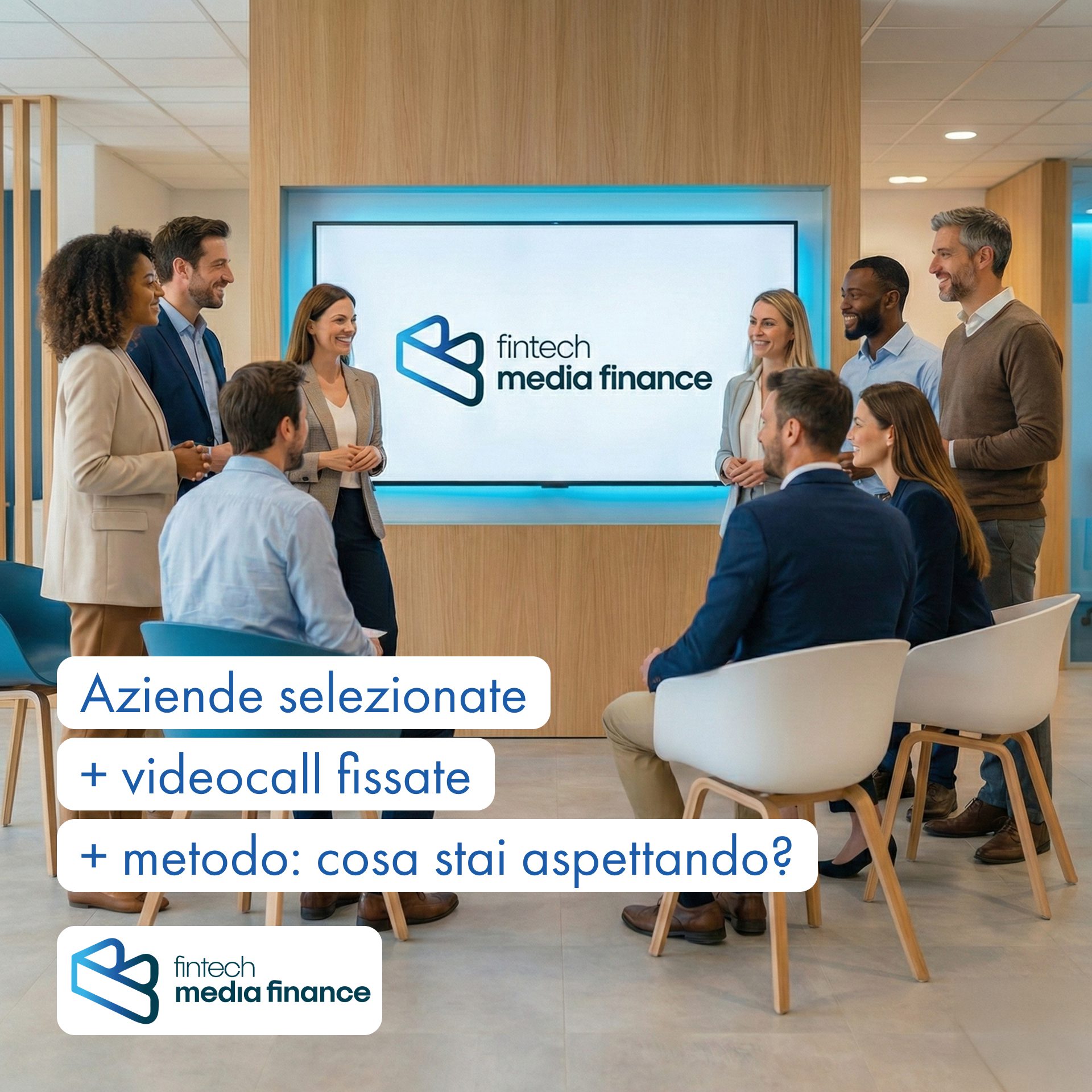 Team di professionisti riuniti in una sala meeting durante una presentazione fintech, con schermo che mostra il logo Fintech Media Finance.