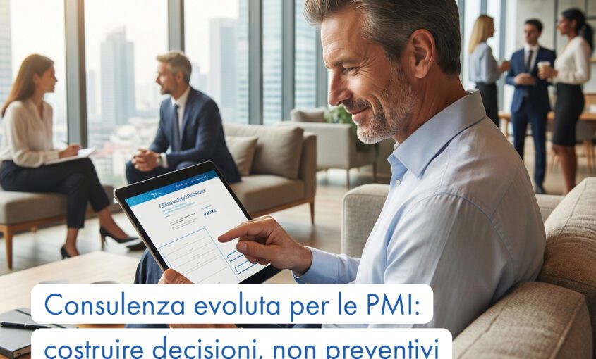 Manager consulta un tablet con un modulo digitale di consulenza finanziaria in un moderno ufficio con vista sulla città; sullo sfondo altri professionisti discutono.