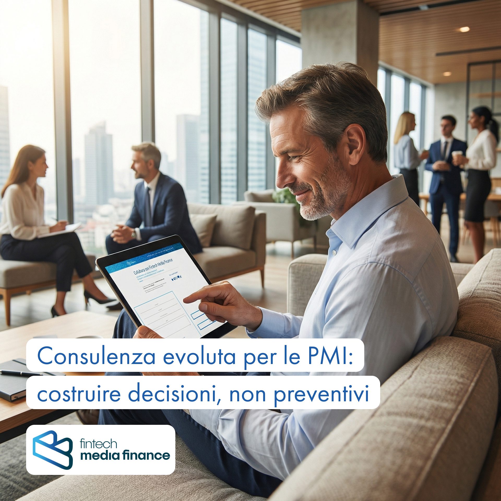 Manager consulta un tablet con un modulo digitale di consulenza finanziaria in un moderno ufficio con vista sulla citt&agrave;; sullo sfondo altri professionisti discutono.