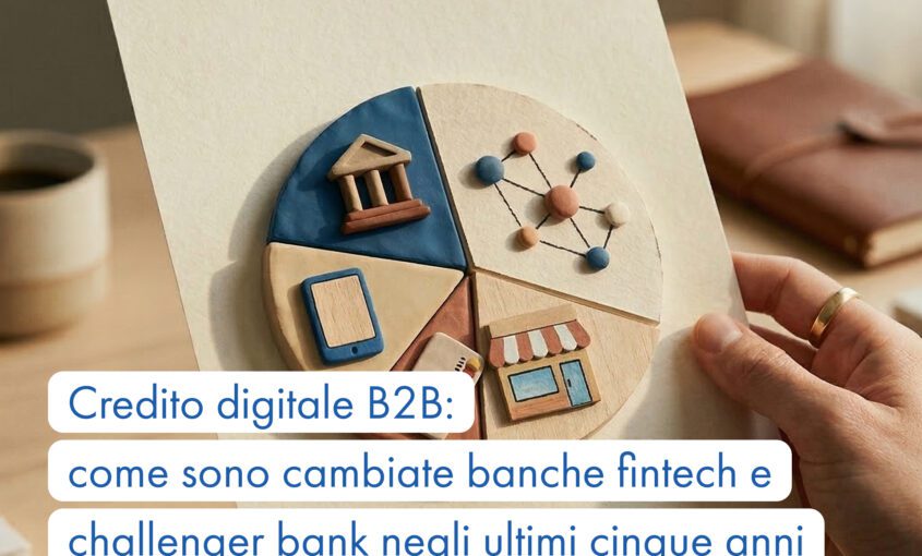 Copertina sul credito digitale B2B con grafico circolare illustrato su banche, fintech e challenger bank negli ultimi cinque anni