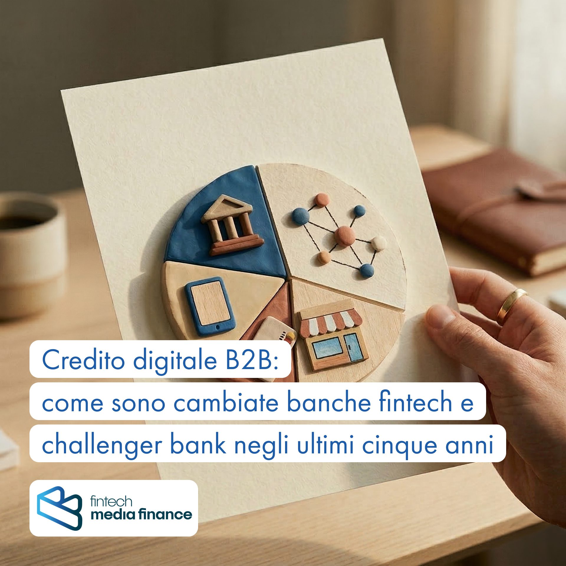 Copertina sul credito digitale B2B con grafico circolare illustrato su banche, fintech e challenger bank negli ultimi cinque anni