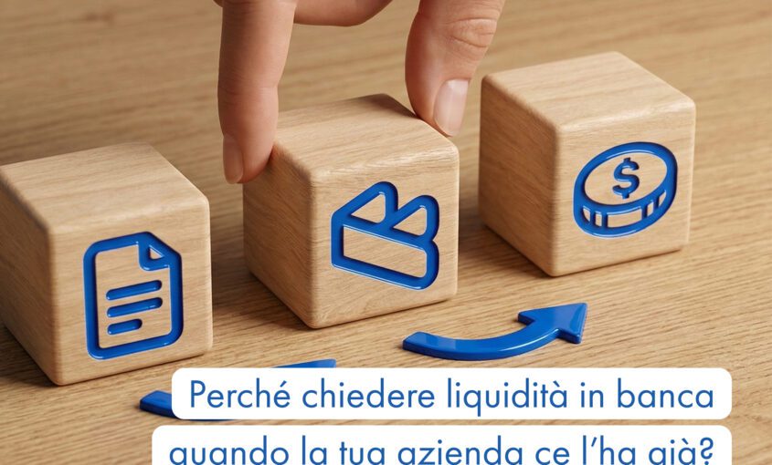 Mano che sposta un cubo di legno tra icone di documento e denaro, con testo sulla liquidità aziendale e logo Fintech Media Finance.