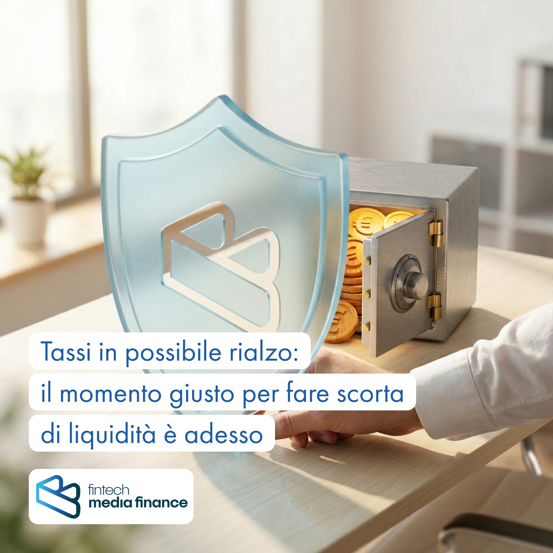 Tassi in rialzo e liquidità imprese con cassaforte e scudo a protezione del credito